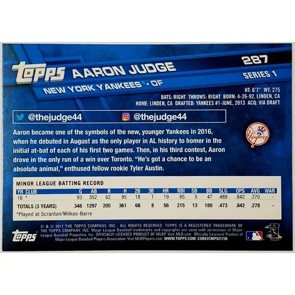 AARON JUDGE ROOKIE "FLAGSHIP" 2017 TOPPS #287 YANKEES, MVP, HOME RUNS! - Picture 2 of 3